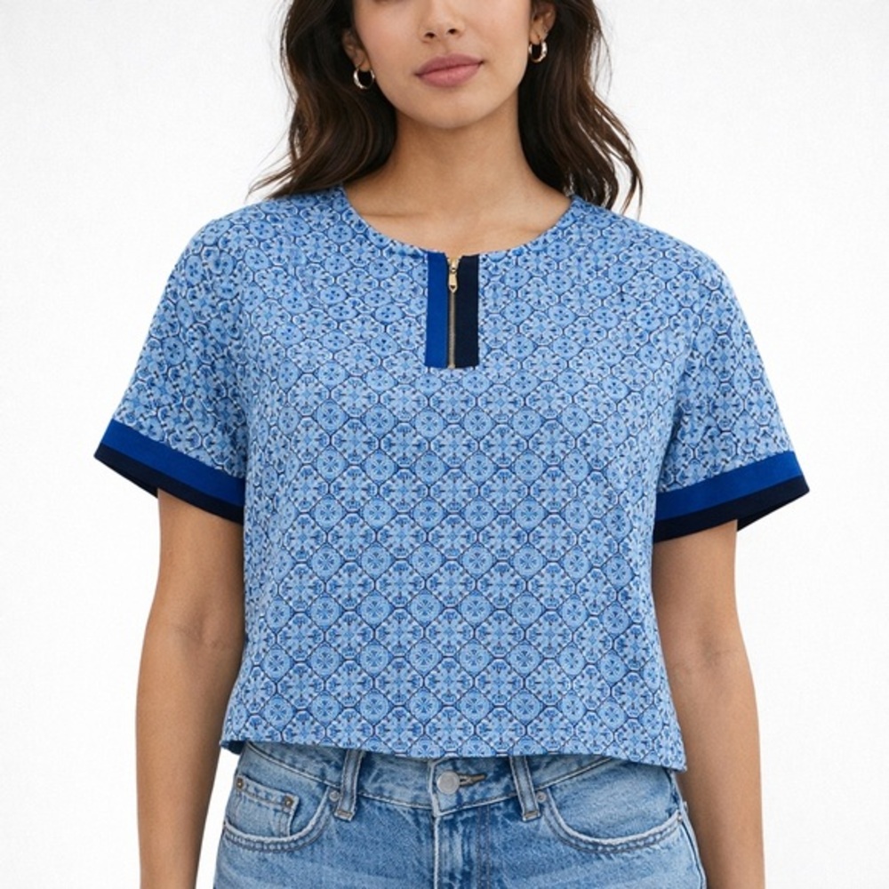 NWOT Cappagallo XL Blouse Blue Short Sleeve Gold Hardware